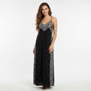 Lucky Brand Boho Maxi Dress Black White Floral Racerback Festival Medium Indie
